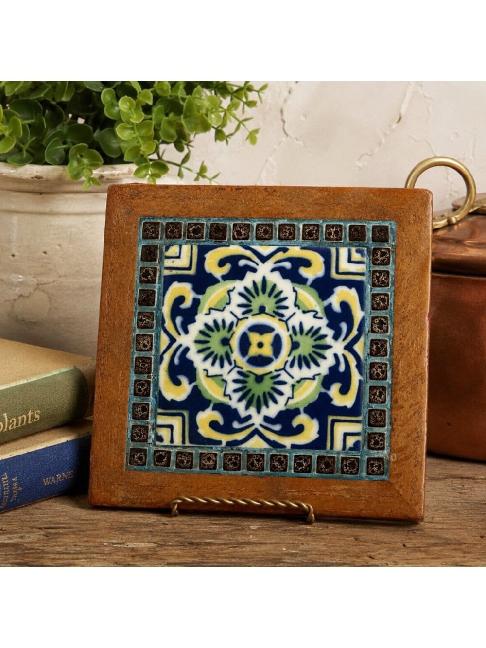 Vintage Framed Ceramic Tile Trivet Blue Green Floral Mosaic Design 7x7 - Picture 3 of 3